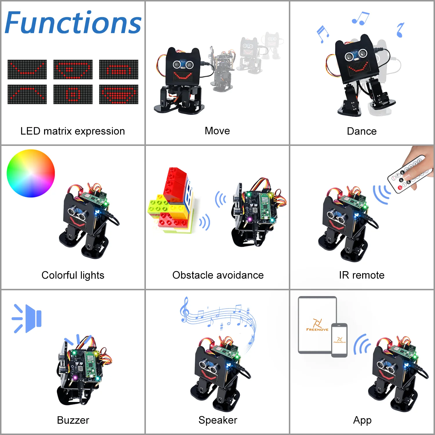 Freenove Bipedal Robot Kit for Raspberry Pi Pico W H WH, LED Matrix Expressions, Obstacle Avoidance, Colorful Lights, Buzzer, Speaker, App - Image 3