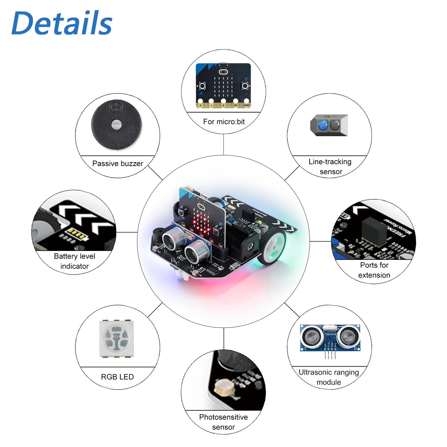 Freenove Micro:Rover Kit for BBC micro:bit V2, Obstacle Avoidance, Light-tracing, Line-tracking, Remote Control, Playing Melody, Colorful Lights, Example Projects, Blocks and Python Code - Image 4