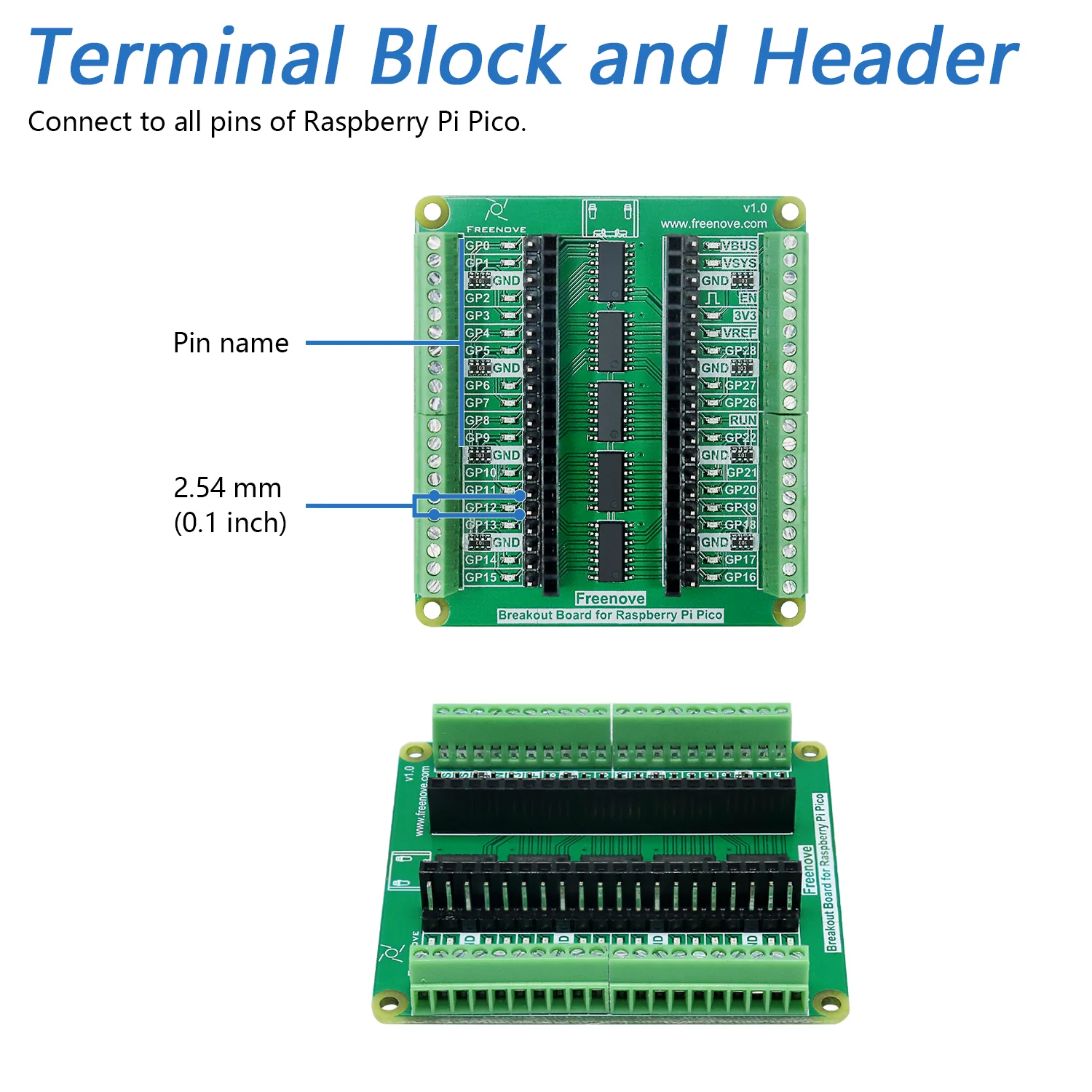 Freenove Breakout Board for Raspberry Pi Pico 1 2 W H WH, Terminal Block Shield HAT with Pin Header, GPIO Status LED - Image 5