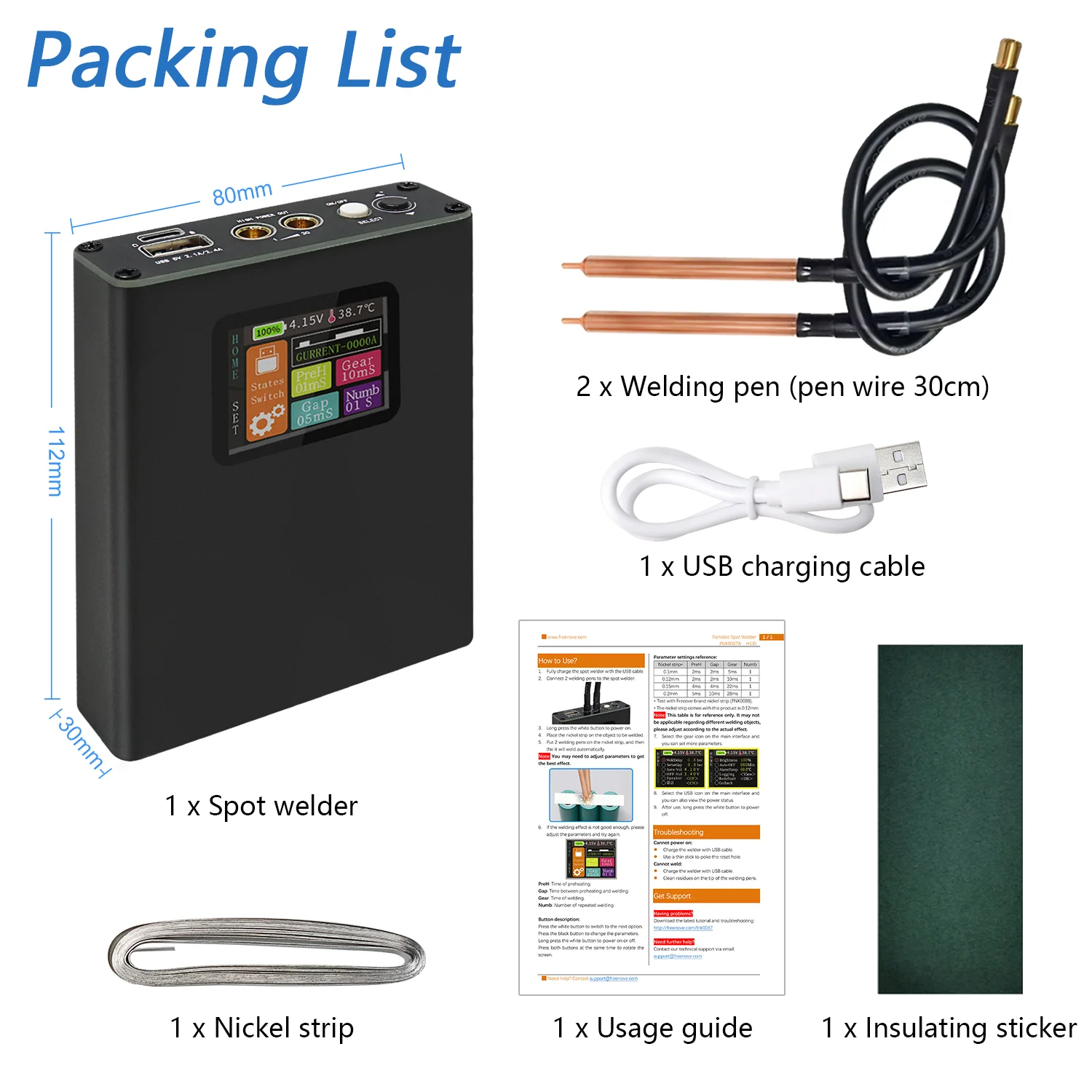 Freenove Portable Spot Welder with Colorful Screen USB Output, Adjustable Handheld Mini Machine, Lithium Battery Plate Welding, 0.1-0.15mm Nickel Strip - Image 7