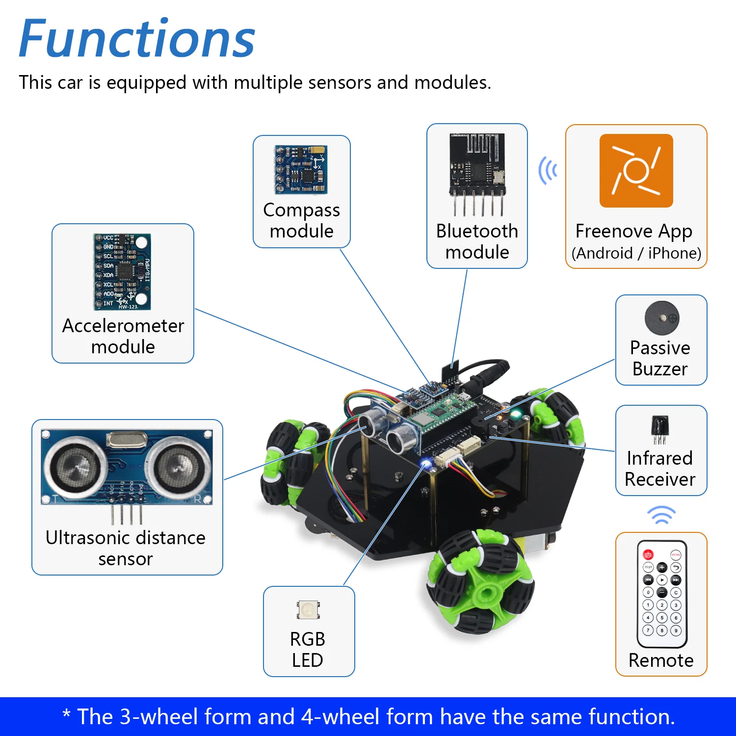 Freenove Omni Wheel Car Kit for Raspberry Pi Pico 1 2 W H WH, 3-wheel and 4-wheel Forms, Accelerometer Module, Compass Module - Image 5