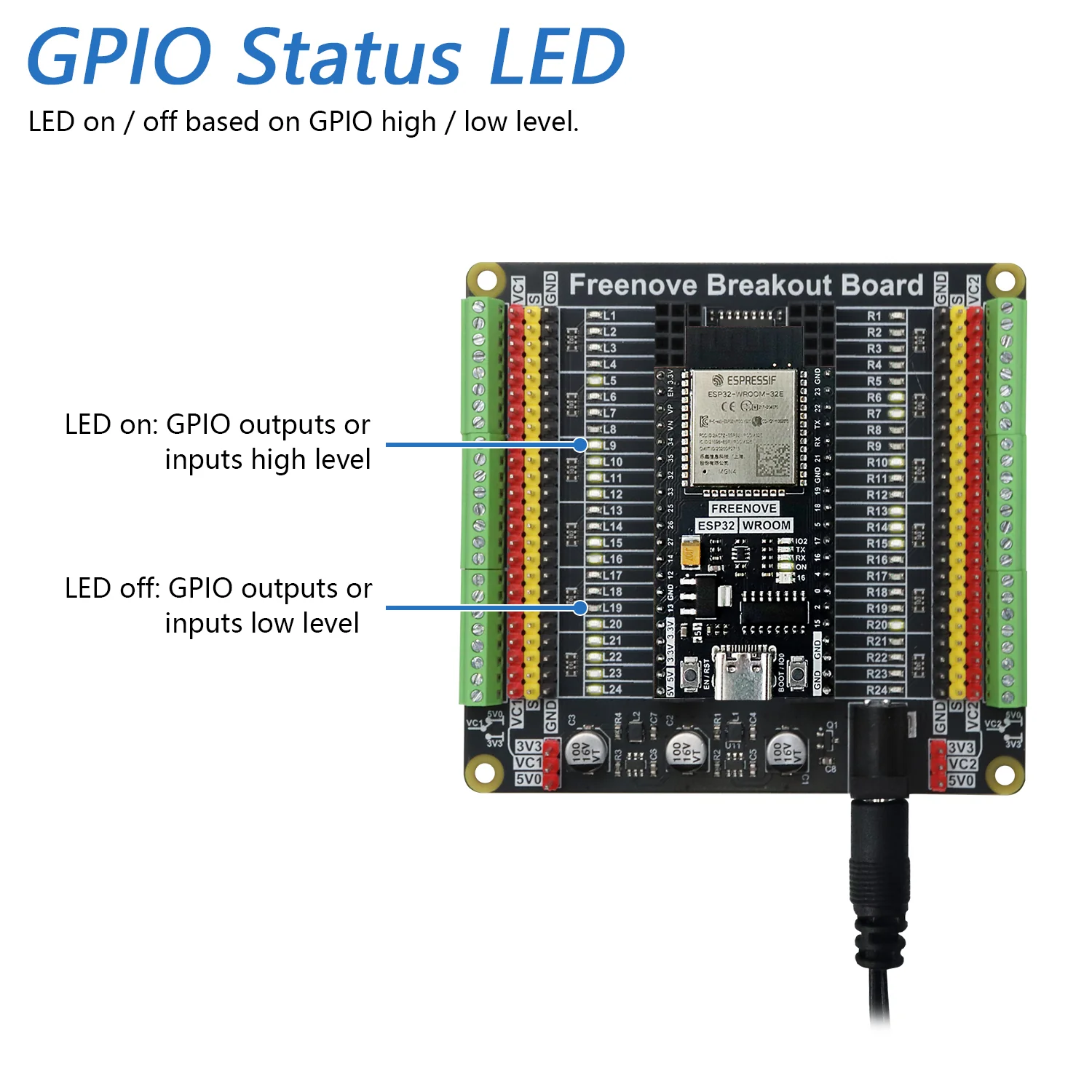Freenove Breakout Board for Arduino Nano Micro Raspberry Pi Pico 1 2 W ESP32 ESP8266, Terminal Block Shield HAT with Pin Header, GPIO Status LED, 5 V 3.3 V - Image 4