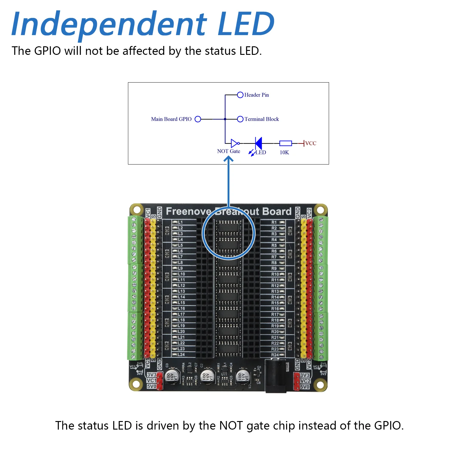Freenove Breakout Board for Arduino Nano Micro Raspberry Pi Pico 1 2 W ESP32 ESP8266, Terminal Block Shield HAT with Pin Header, GPIO Status LED, 5 V 3.3 V - Image 5